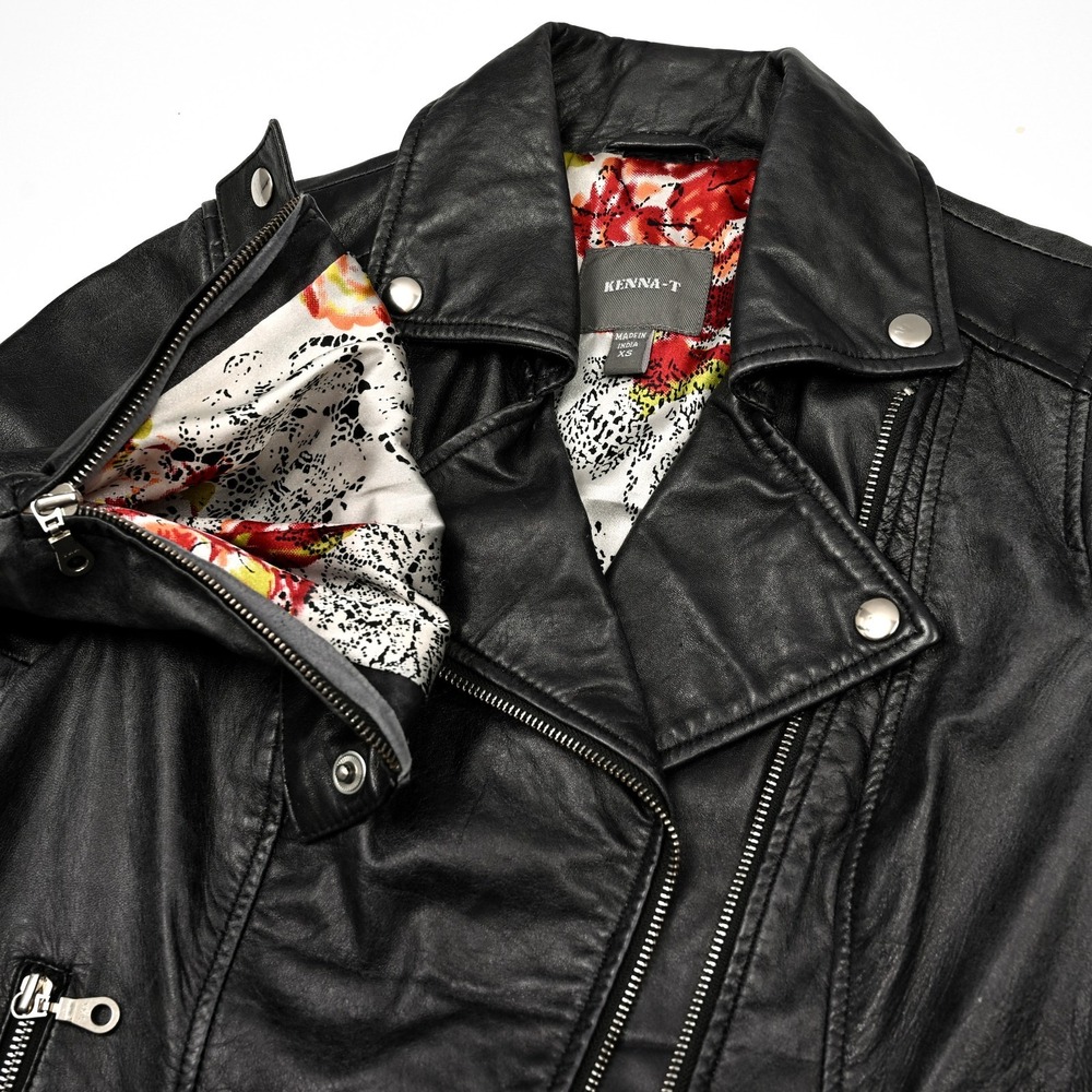 Kenna T Women's‎ Leather Moto Jacket XS Distressed Asymmetrical Zip Black Biker